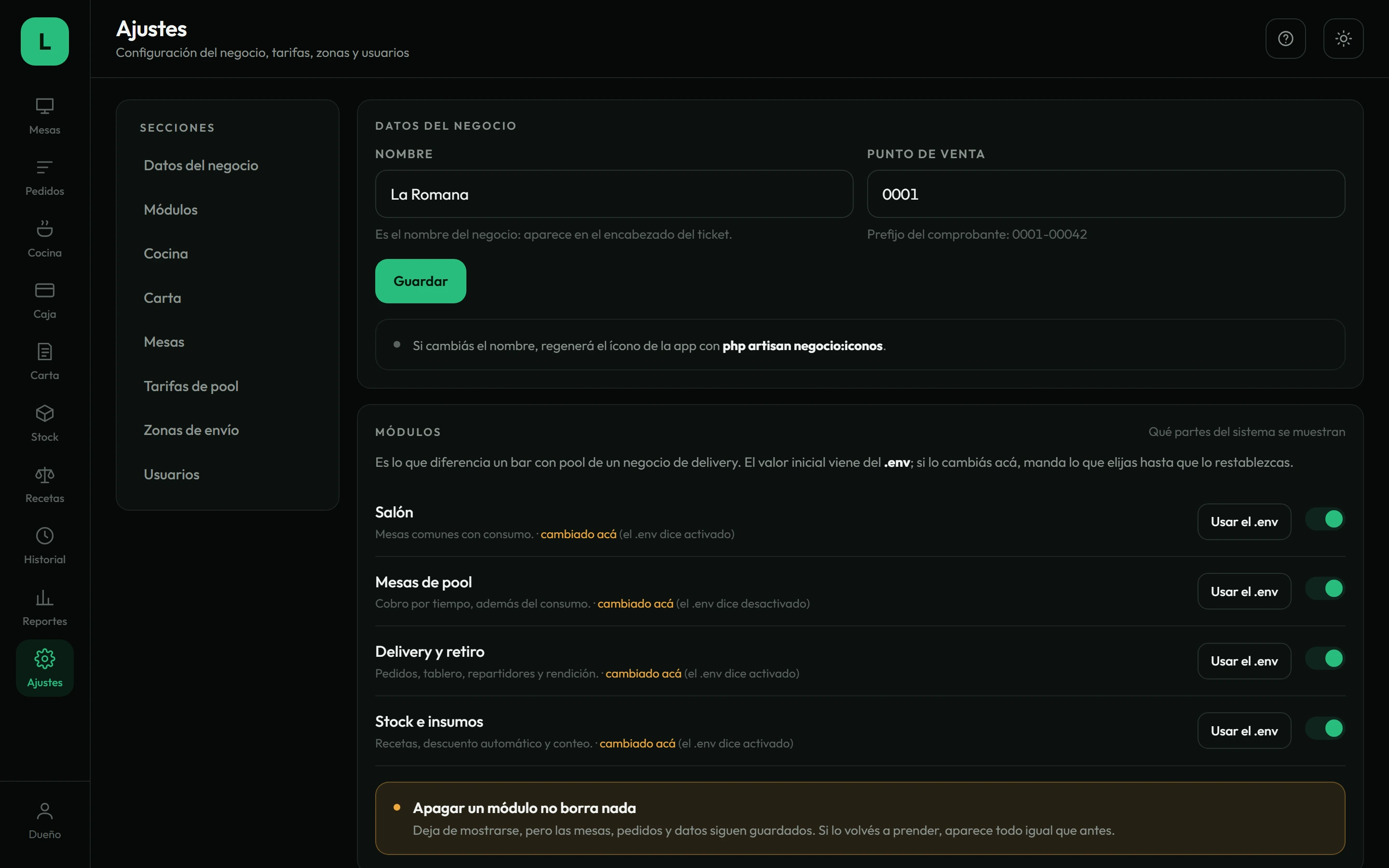 Ajustes del negocio con los módulos que se prenden y se apagan